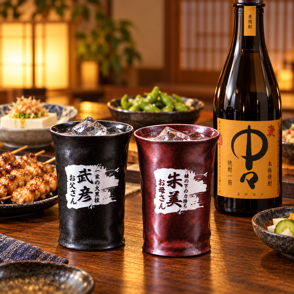卒業 退職 名入れ ペアギフト SXX 酒セット 麦焼酎 黒木本店 中々 720ml & 有田焼 二重構造 保温保冷 タンブラーカップ 茶 黒 2点 紐リボン・コサージュ付 ギフトBOX入り / プレゼント ギフト 夫婦 結婚 金婚式 銀婚式 退職 記念 誕生日 長寿 祝い