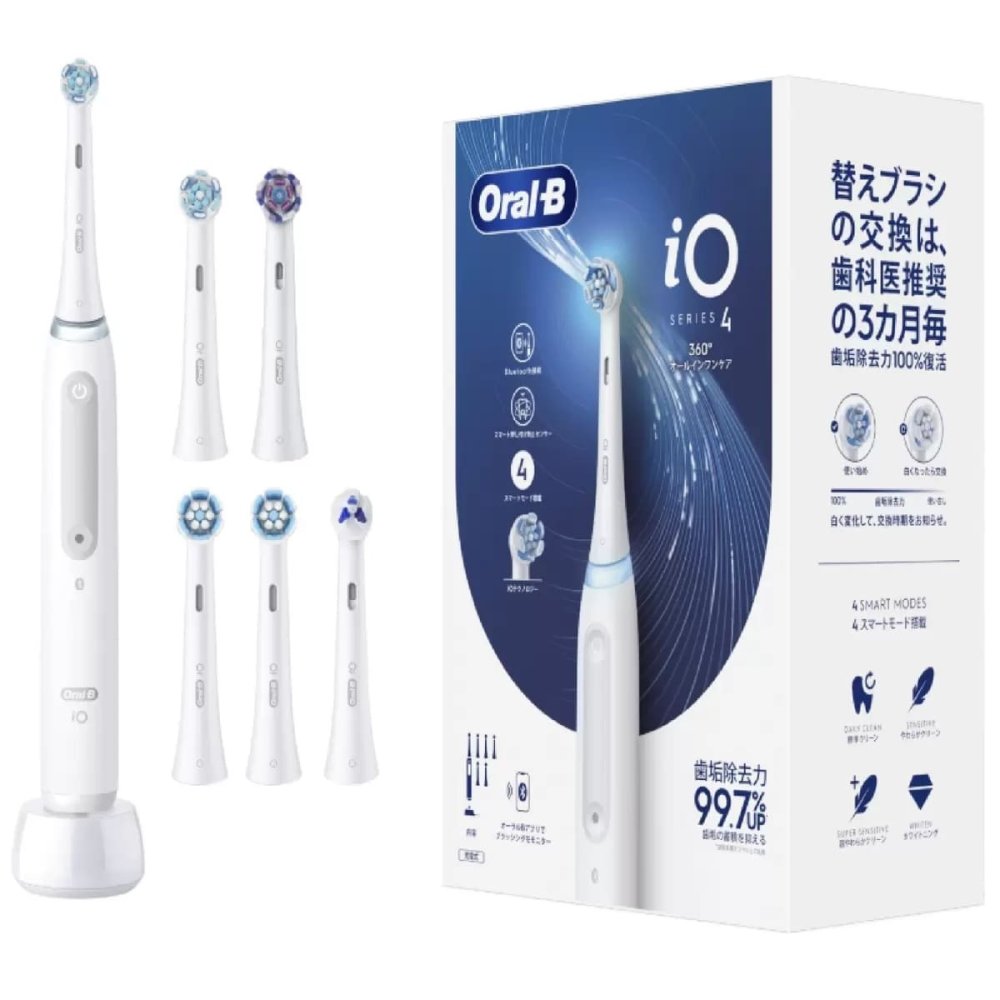 BRAUN（ブラウン）Oral-B iO4　電動歯ブラシヘルスパック　本体＋替えブラシ6本入り　クワイトホワイト　充電式　Bluetooth対応　iOG4.6KEF6.2K.WT　4スマートモード搭載　#69517　 父の日