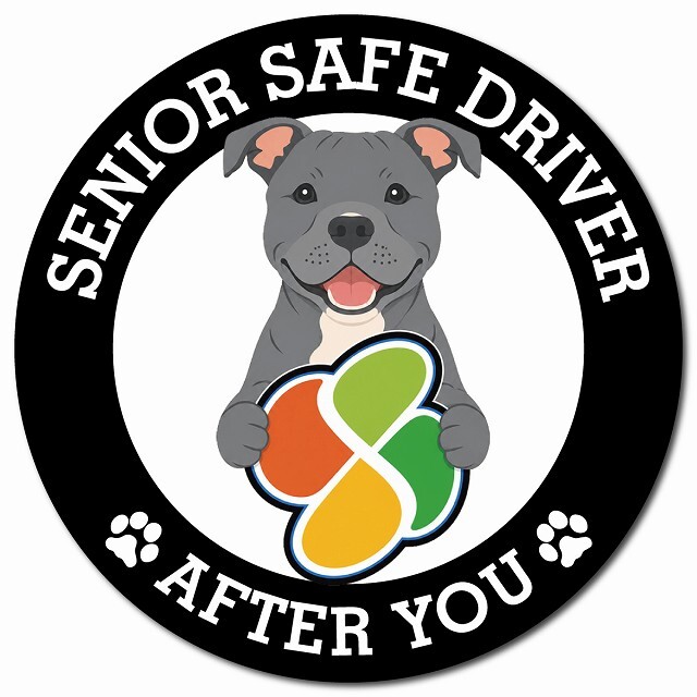 カーサイン 高齢者マーク SENIOR SAFE DRIVER スタッフォードシャーブルテリア マグネット 強力 直径13cm 肉球 日本製 車 ステッカー