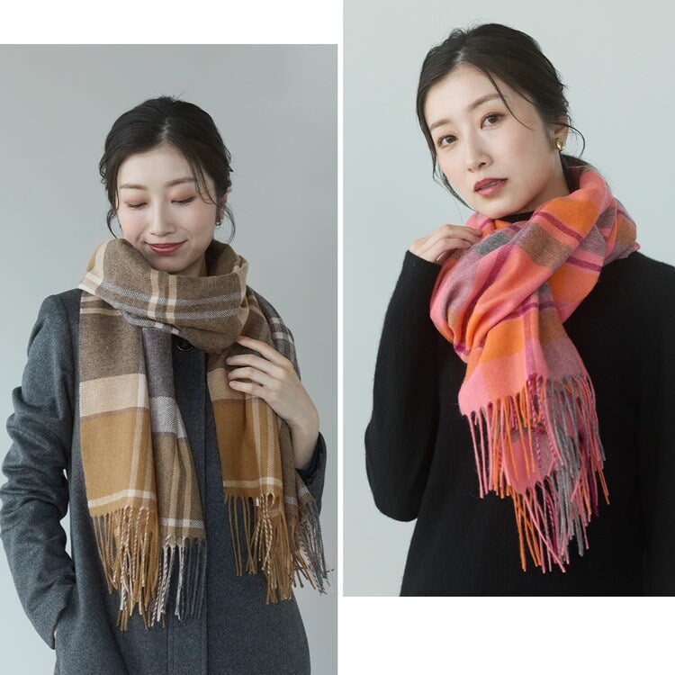 カシミヤ 100% ストール レディース 【名入れ刺繍可能】チェック柄 カシミヤ100% マフラー ストール フリンジ付き 大判 カシミヤマフラー 秋 冬 秋冬 誕生日 母 通勤 通学 ギフト プレゼント 7F (02000340r)