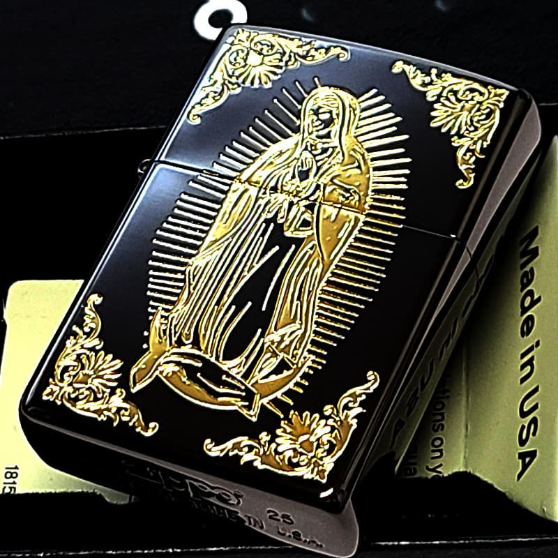 ZIPPO アベマリア ジッポ ライター おしゃれ ブラックニッケル＆ゴールド 彫刻 黒金 Ave Maria お守り メンズ レディース ギフト プレゼント