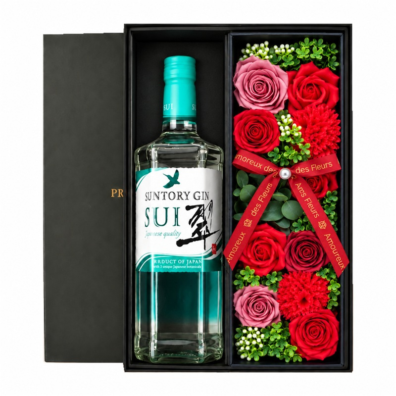 翠 SUI お酒 酒 サントリー ジン 700ml スピリッツ ギフト プレゼント日品 ソープフラワー フラワーボックス 花 お花 定年退職 還暦祝い 退職祝い 男性 女性 お祝い 古希 喜寿 傘寿 米寿 卒寿 白寿 百寿