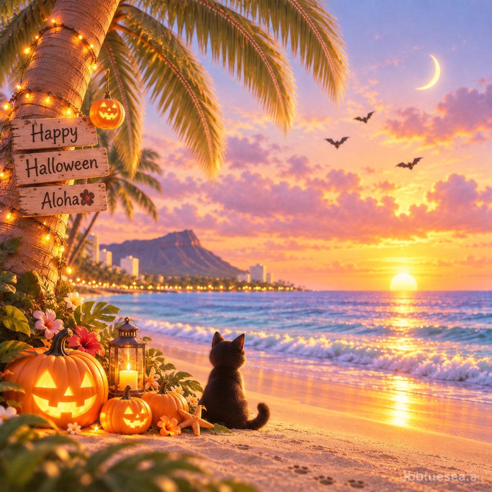 ハロウィン アートポスター 絵画 インテリア 黒猫 猫 ハワイ 夕焼け 海 おしゃれ かわいい 秋の飾り 玄関 リビング 壁掛け 天然木フレーム 選べる 額入り 猫好き 誕生日 プレゼント