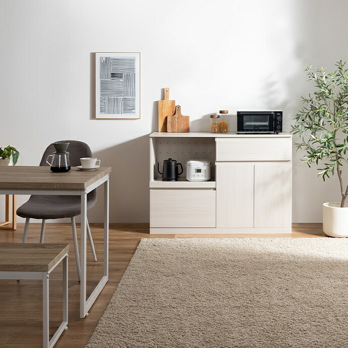 レンジ台 幅118cm×奥行40cm×高さ83.5cm キッチン ナチュラル パーティクルボード MDF メラミン 組立品 家電から食器 キッチンに必要なものを一台に集約できるワイドなレンジ台 美しく整ったキッチンづくりを叶えます ホワイトウォッシュ 新生活