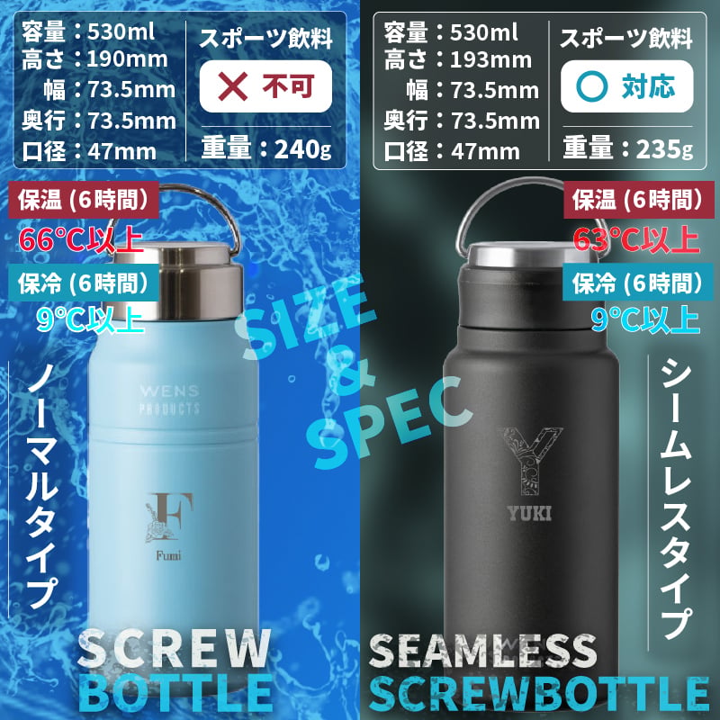★【名入れプレゼント】WENS PRODUCTS ウェンズプロダクツ 真空断熱ハンドル付スクリューボトル 530ml 全15色 父の日【イニシャル レイアウト】 シームレスタイプ  保冷保温 魔法瓶構造 二重構造 名入れ水筒 オリジナル 名入れ水筒 プレゼント 新生活 出産祝い 誕生日 記念日 還暦 古希 金婚式 銀婚式 退職祝 記念品 引出物 結婚祝 卒業　
