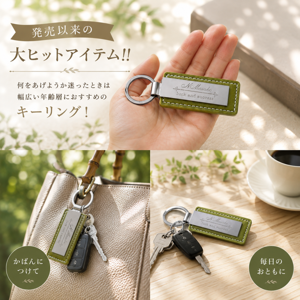 敬老の日 名入れ リニューアル　カラーレザーｘメタルプレートキーホルダー
