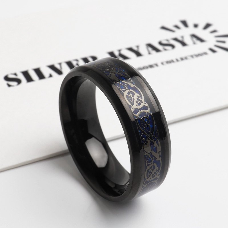 ステンレス 龍紋リング ドラゴンライン メンズリング ブラックリング ブルー 指輪 シンプル 存在感 メタル お洒落 ケルト 模様 プチプラ 男性 金属アレルギー対応