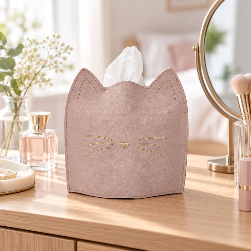 ティッシュケース 猫 ハーフサイズ ねこ ティッシュカバー おしゃれ かわいい ネコ 猫型 合皮 コンパクト 省スペース 卓上 ティッシュボックス 刺繍 ドレッサー 洗面台 リビング インテリア 韓国風 大人可愛い プレゼント ティッシュカバー 猫