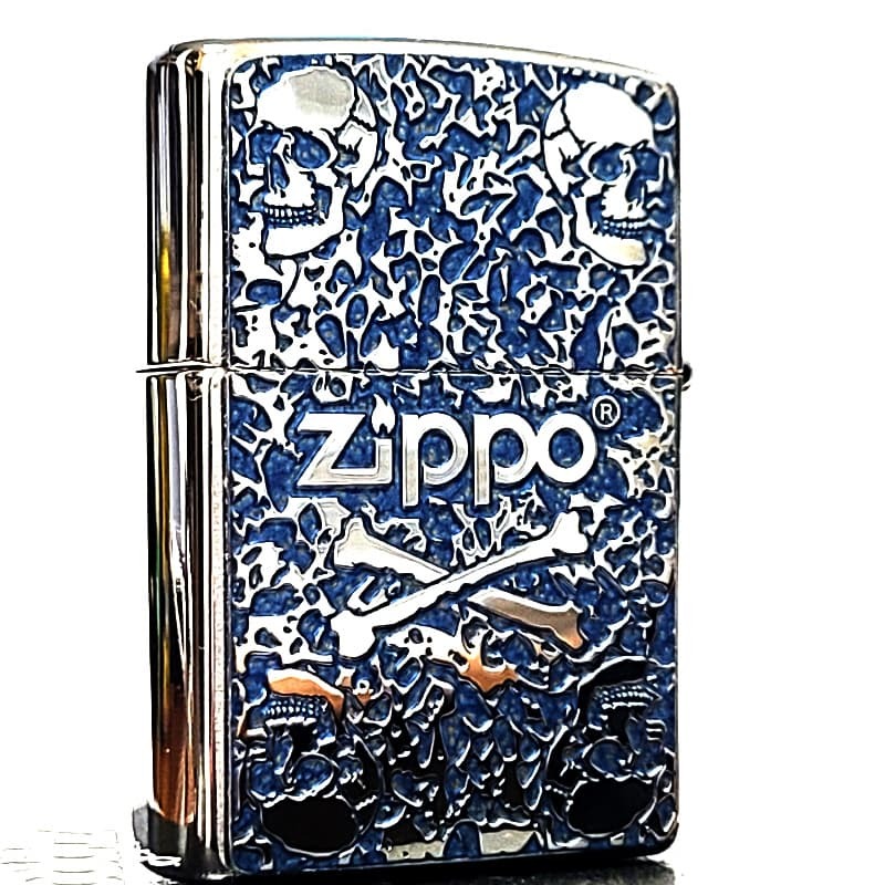 ZIPPO スカル 細密メタル シルバー＆ブルー ジッポ ライター 両面加工 彫刻 かっこいい ドクロ 裏面柄違い ガイコツ おしゃれ 青 メンズ プレゼント ギフト