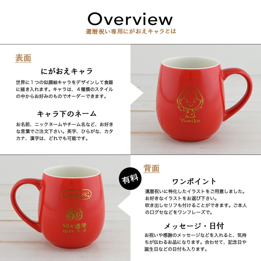 還暦祝い 似顔絵 マグカップ コーヒーカップ 【還暦祝い専用にがおえキャラ＊ラフランマグ（特別BOX付き）】 敬老の日 退職祝い おしゃれ プレゼント 誕生日プレゼント 名入れ 大人可愛い 先生 還暦 赤 女性 母 実用的  先輩 引退 記念品 贈り物 友達 ペット ギフト