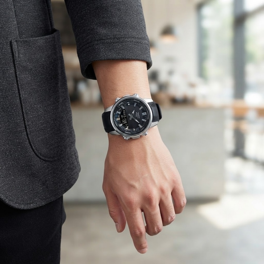 箱なし カシオ 腕時計 メンズ CASIO アナデジ ブラック シルバー 10年電池 50m防水 大きめ スポーツ ラバーベルト 海外モデル 逆輸入 ストップウォッチ タイマー アラーム LEDライト 誕生日 プレゼント ギフト 成人 卒業 入学