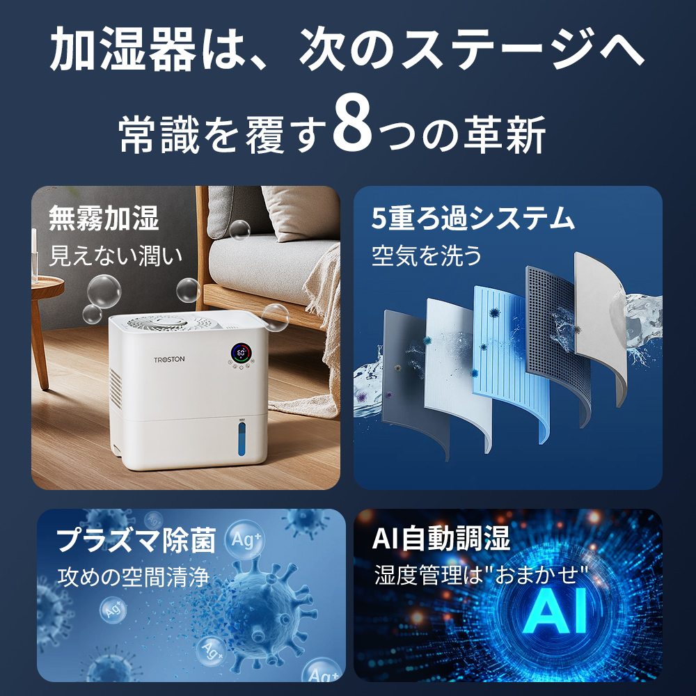 AI自動調湿 5L 気化式 加湿器 プラズマ 4重除菌 大容量 5段階調整 加湿器 ミストなし 湿度設定 上部給水 静音設計 空焚き防止 タイマー付き 卓上加湿器 無霧加湿器 省エネ 乾燥対策 アロマ対応 フィルター 空気清浄機