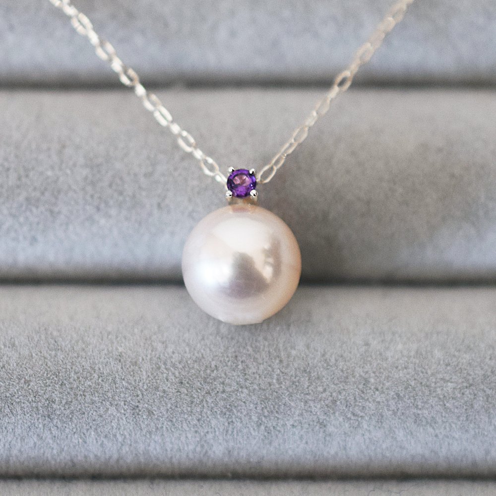 ［pearl598］8mm - 8.5mm ホワイトピンク ペンダント ネックレス 2月 誕生石 アメジスト あこや真珠