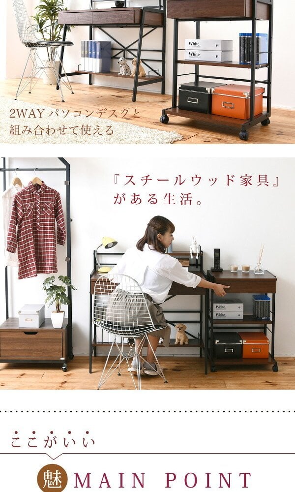 デスクサイドワゴン サイドのプリンター置きに最適なキャスター付きサイドワゴン。引き出し収納はプリンター周りの小物類の整理整頓に大活躍。A4ファイルも置けるラックスペースも。 デスクワゴン キャスター付きワゴン デスク収納 収納家具 インテリア 新生活