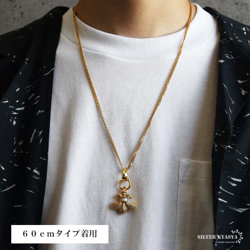 ステンレス フレアネックレス パヴェ 2カラー ダブル喜平 メンズ ペンダント 百合の紋章 ストーン ゴールド シルバー 首飾り アクセサリー 男性用 ユリモチーフ 存在感 重厚 華やか クラシカル チェーン 胸元 個性的 男性