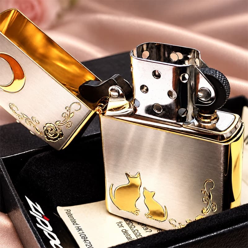 ZIPPO ライター ネコ シルバー ジッポ 猫 可愛い ゴールド 月 薔薇 銀金 女性 ねこ かわいい バラ ギフト プレゼント おしゃれ レディース