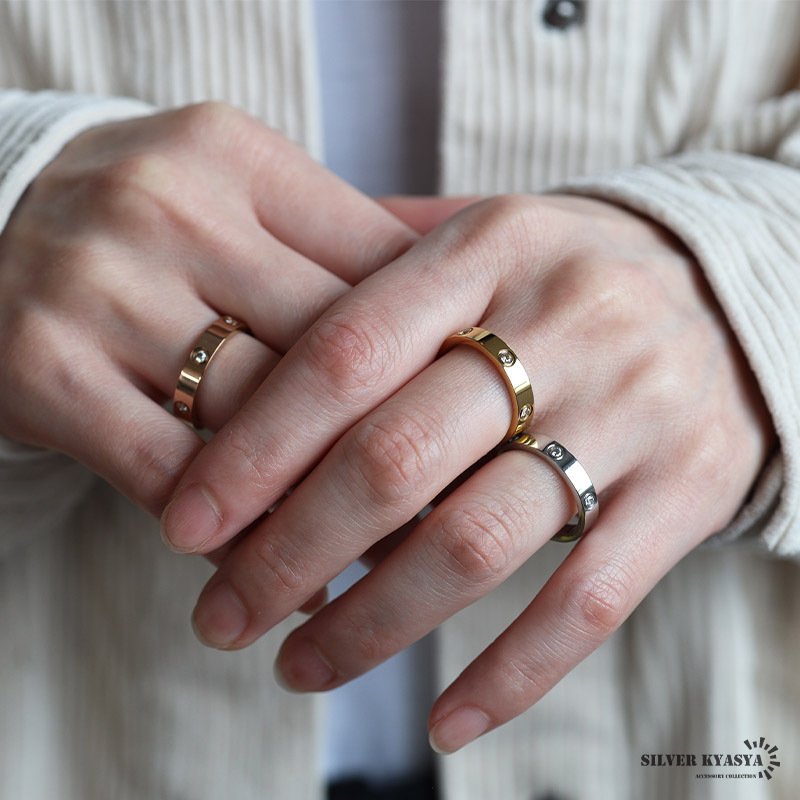 ステンレス メタルリング ストーンリング つやつや 平打ちリング ゴールド シルバー ピンク 指輪 プチプラ 高見え 大人 可愛い きらきら レディース 女性 金属アレルギー対応