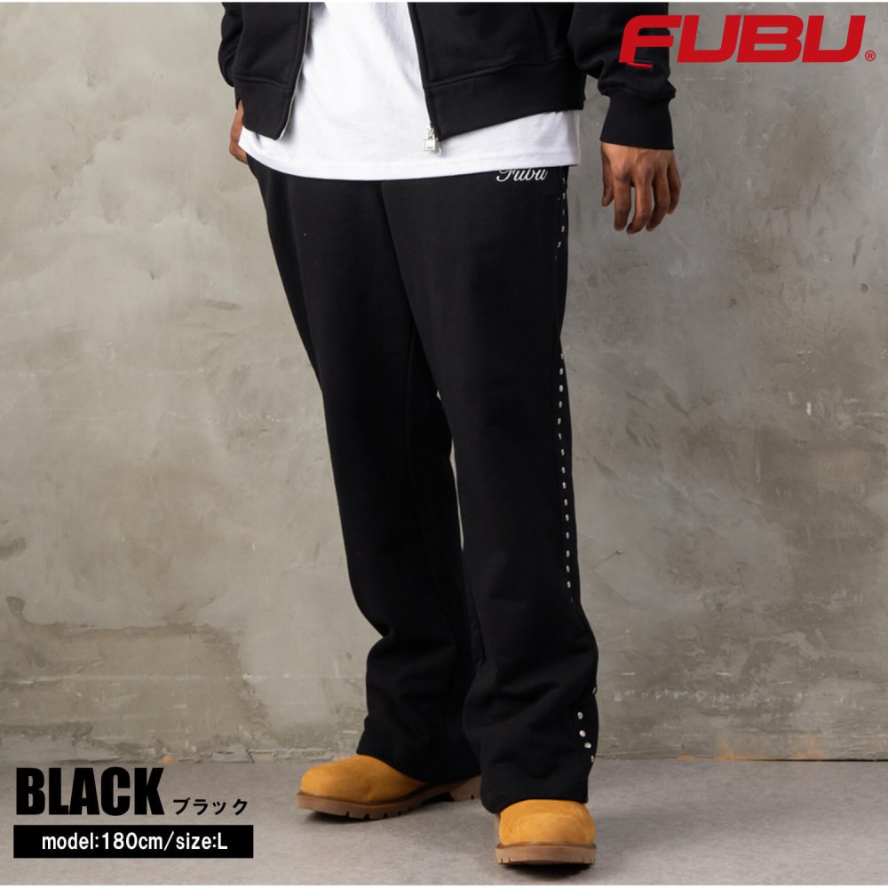 FUBU フブ フレアパンツ メンズ レディース fam-62507 スタッズ フレア スウェットパンツ ブーツカット イージーパンツ 迷彩 カモフラ 刺繍 スケート ストリート ヒップホップ ダンス カジュアル ボトムス M L XL XXL 2026FW Karlas