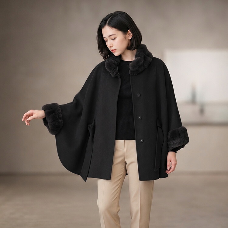 カシミヤ ブレンド ウール ケープ レッキス ファー 一枚仕立て 手縫い ハンドメイド レディース Filomo カシミヤ混 ダブルフェイス レッキス ファー 毛皮 冬 アウター 秋 30代 40代 50代 ギフト プレゼント 7F (02000091r)