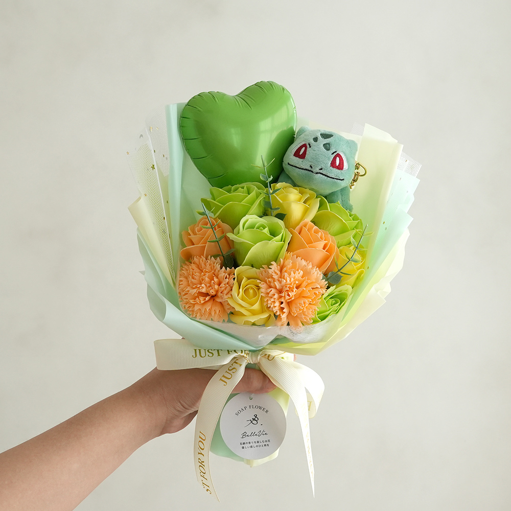 ポケットモンスター ソープフラワーバルーンブーケ｜誕生日 発表会 卒園祝い 入園祝い 卒業祝い 入学祝い 男の子 女の子 子どもポケモン ピカチュウ イーブイ メタモン フシギダネ ヒトカゲ ゼニガメ ポッチャマ プリン ミュウ ぬいぐるみ マスコット 花束 メッセージ入り プレゼント ギフト 贈り物 お祝い
