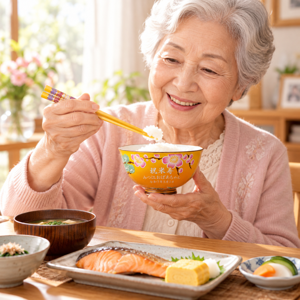 卒業 退職 名入れ SXX 有田焼 開運赤富士松竹梅鶴 茶碗 黄 木箱入り / プレゼント ギフト 退職 記念 誕生日 傘寿 米寿 長寿 祝い 80歳 88歳 金茶 イエロー 日本製