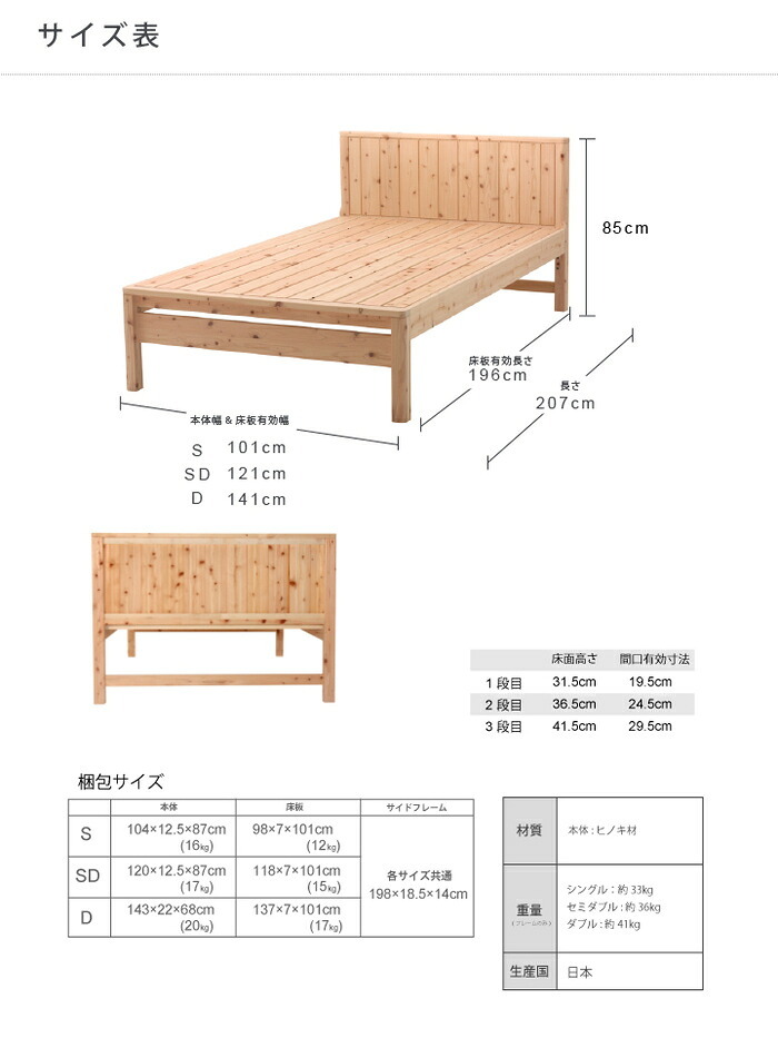 ベッド 寝具 フレーム+マットレス ヒノキ シングル セミダブル ダブル 曲面加工 ひのき 並べて使える すのこ 日本製 フレーム 高さ調節 檜 桧 低ホルムアルデヒド 島根県産高知県四万十産檜の国産すのこ
