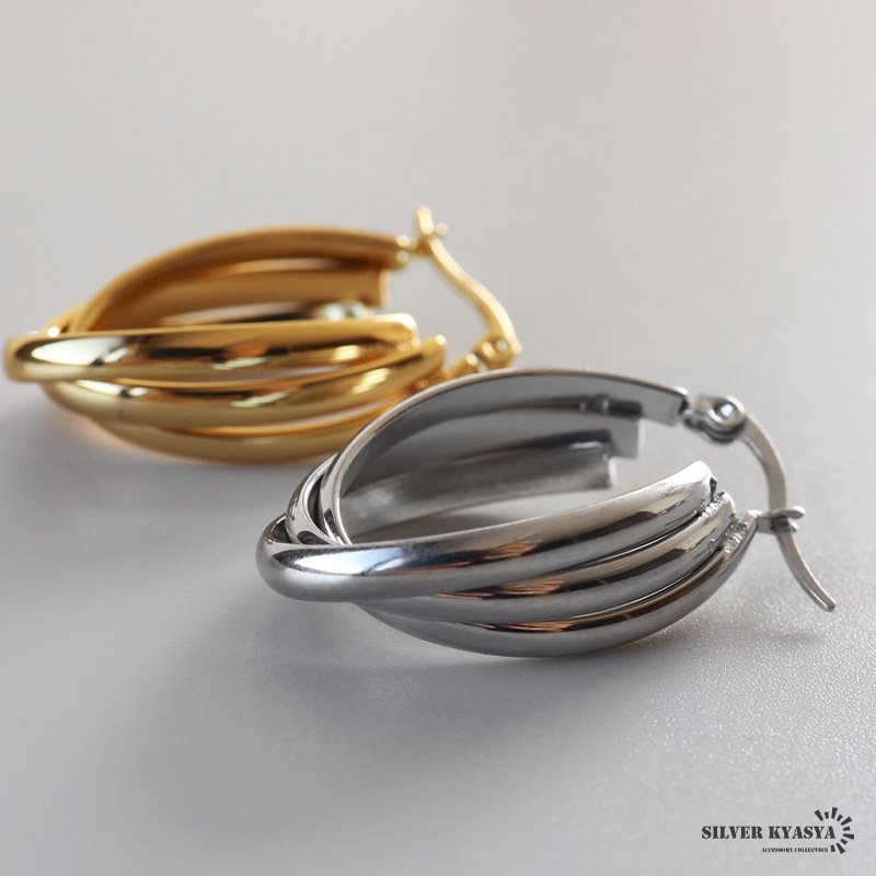 ステンレス 大ぶりピアス 3連ピアス ツイストピアス フープピアス ゴールド シルバー プチプラ 大きめ 存在感 メタル ワイド 両耳2点 レディース 女性 金属アレルギー対応 イヤリング