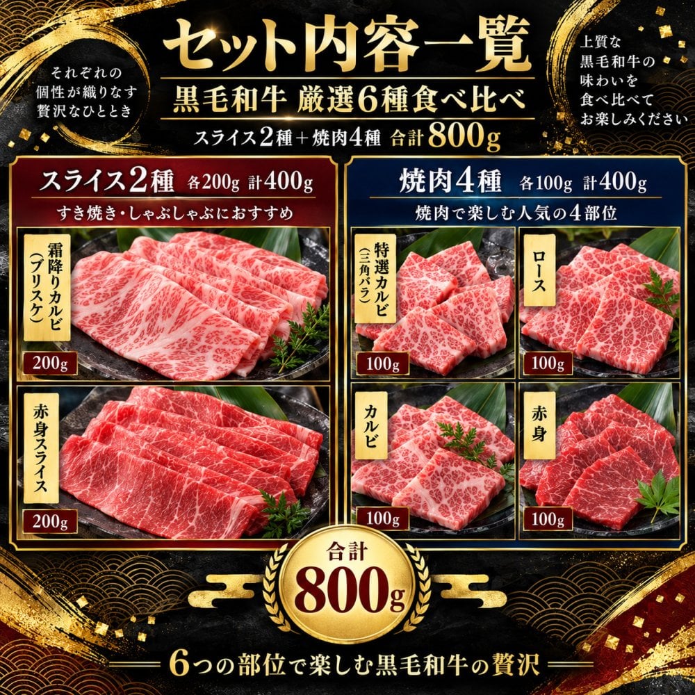 黒毛和牛 厳選6種食べ比べ800g 薄切り2種（霜降りカルビ・A4 A5赤身）＋A5焼肉4種 特選カルビ（三角バラ）・ロース・カルビ・赤身 すき焼き・しゃぶしゃぶ 肉ギフト お歳暮・誕生日・内祝い