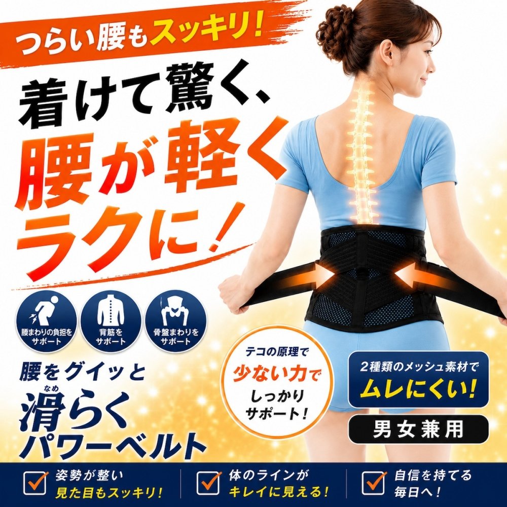 腰サポーター 腰をグイッと滑（なめ）らくパワーベルト 腰ベルト 骨盤ベルト サポートベルト 滑車構造 軽い力で締めやすい メッシュ 通気性 男女兼用 日本製 S-M M-L 立ち仕事 デスクワーク 腰サポート 健康グッズ ご両親 祖父母 敬老の日 父の日 母の日 プレゼント ギフト