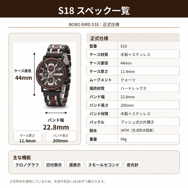 腕時計 メンズ 40代 50代 木製腕時計 ウッドウォッチ クロノグラフ クォーツ 日付 ボボバード BOBO BIRD S18
