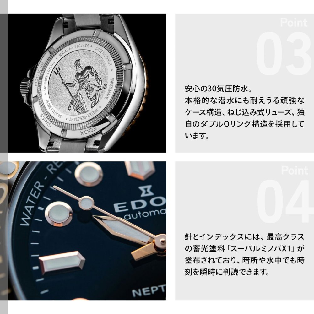 エドックス EDOX ネプチュニアン グランデ リザーブ デイト オートマティック 腕時計 メンズ 自動巻き ダイバーズウォッチ 80801-3NRM-NIR NEPTUNIAN