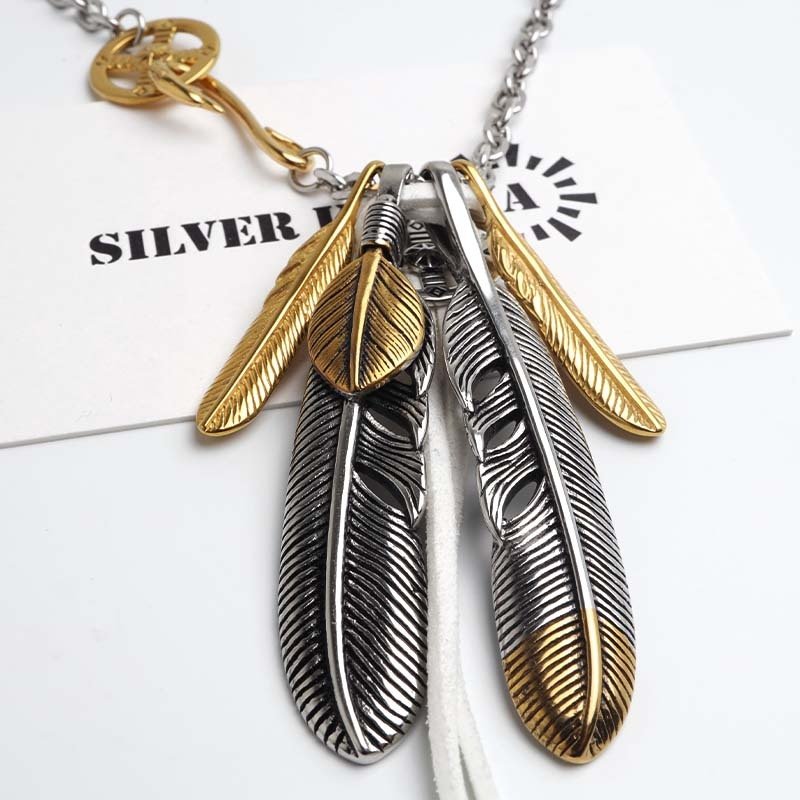 ステンレス フェザーネックレス インディアンジュエリー ペンダントネックレス メンズネックレス ゴールド シルバー 太角 あずきチェーン 細身 羽根 イーグル 精巧 立体的 男性 金属アレルギー対応