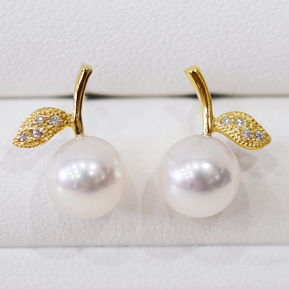［pearl553］ 7.5mm -  8mm パール ピアス リンゴ ダイヤ あこや真珠 K18YG 0.02ct ダイヤモンド 珍珠 天草