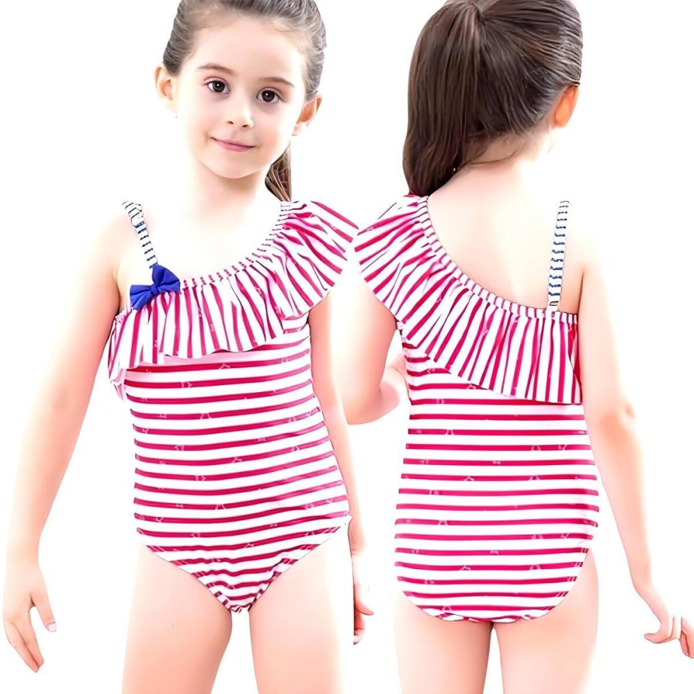 キッズ 水着 女の子 ワンピース ストライプ フリル カラー: レッド／ブルー 身長: 100cm／110cm 子供用 こども ジュニア 女児 かわいい おしゃれ 保育園 幼稚園 小学生 海 プール 水遊び 夏休み レジャー スイムウェア 夏 初夏の準備