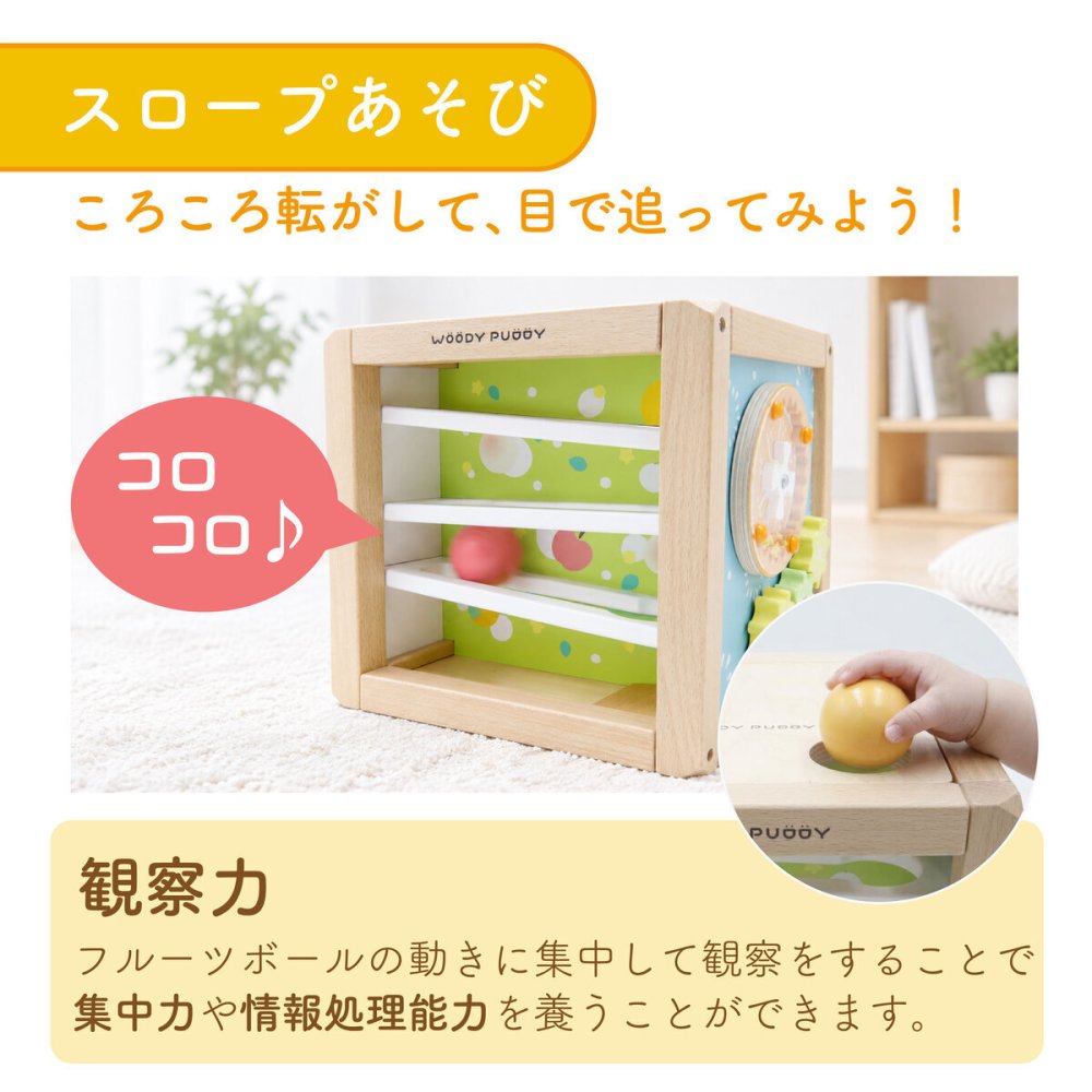 【名前入り】木のおもちゃ 知育玩具 アクティビティキューブ 木製スロープ フルーツ 果物 おもちゃ 1歳半 2歳 3歳 4歳 5歳 プレゼント 女の子 男の子 出産祝い 木製玩具 ルーピング 知育おもちゃ ウッディプッディ
