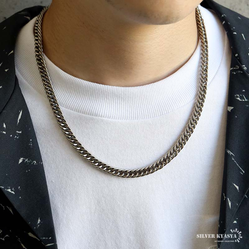 チタン 幅6mm ダブル喜平ネックレス シルバー メンズ チェーン ボリューム 存在感 地金カラー 首元 アクセサリー シンプル カジュアル ストリート 大人 男性 定番 おしゃれ 無地シャツ コーディネート 金属アレルギー対応