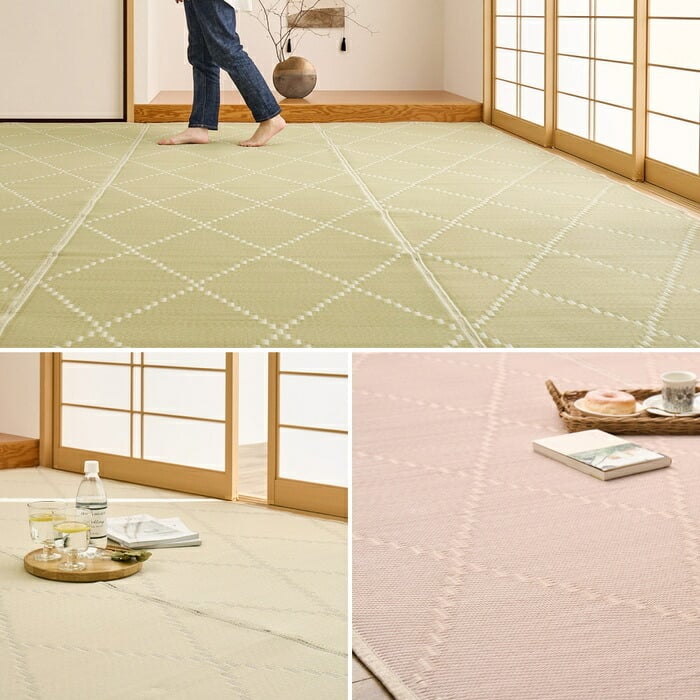 夏ラグ 夏用カーペット 水拭きできる い草風カーペット（裏貼り） くすみカラー パステル かわいい ござカーペット ラグ 上敷き 寝ござ 敷き物 カバー 畳保護 防音 長方形 正方形 四角 オールシーズン 快適 レジャー アウトドア イ草 洋室 和室 新生活