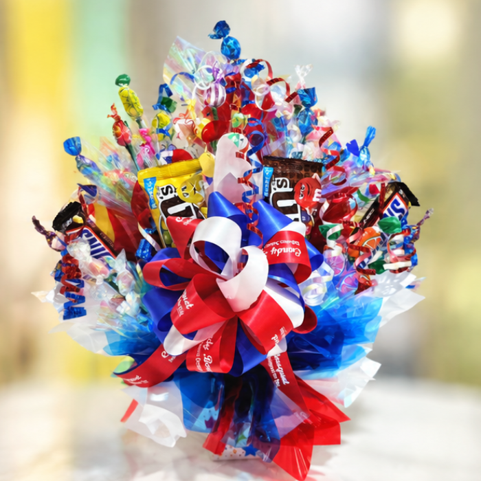「周年祝い」「開店祝い」「誕生日」「推し活」「発表会」「表彰」「昇進祝い」「卒園・卒業」「入園・入学」「お菓子」「花束」「キャンディーブーケ」　季節を超えたお世話いらずのお菓子のブーケ♡　《お菓子の賞味期限は1ヶ月以上の物をご用意しております》『アメリカンドリーム』