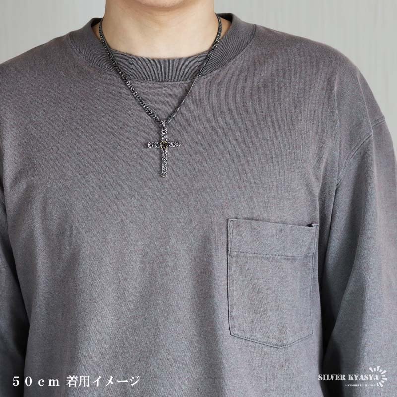 シルバー925 クロスネックレス フラワーネックレス アンティーク ペンダントネックレス ダブル喜平 6面カット 50cm 60cm シルバー 燻し ブラック 十字架 花 個性的 金剛杵 メンズ 男性 金属アレルギー対応