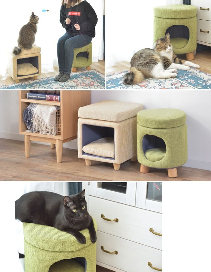 ペットハウス スツール ペット 猫 ペットスツール 犬キャット ハウス ドーム型 ドッグ 小型犬室内用 ファブリック素材 ラウンド クッション付 椅子 オットマン コロンとしたかわいいかたち ペットが中に入ってくつろげて 最大2 ポリエステル 天然木