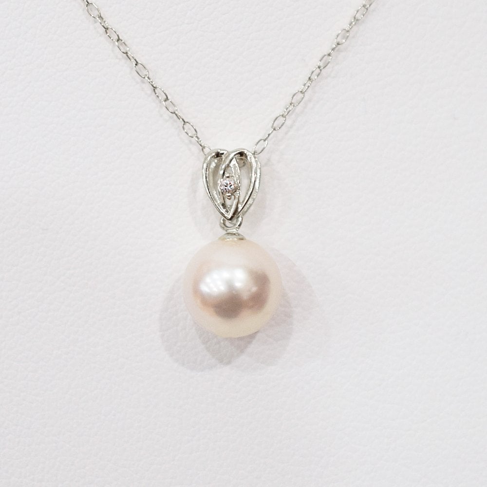 ［pearl584］ 8mm - 8.5mm ホワイトピンク ペンダント ダイヤモンド付 あこや真珠 0.01ct ハート