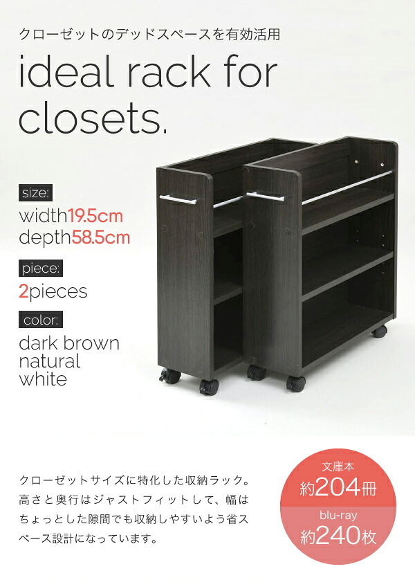ラック クローゼット 収納 2個セット 幅19.5奥行58 .5 キャスター付き スリム 押し入れ収納 本棚 ワゴン 隙間 棚 漫画 CD DVD スライド シンプル コミック 新生活
