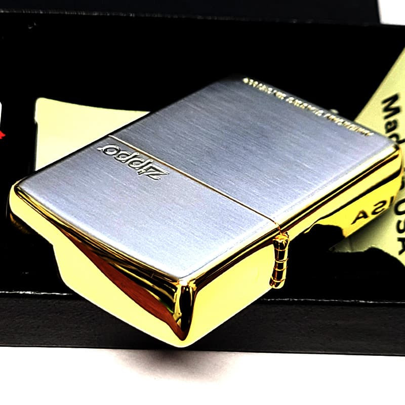 ZIPPO ライター シルバーサテン ゴールドアクセント ジッポ ロゴ 彫刻 おしゃれ シンプル 金銀 レディース メンズ かっこいい ギフト プレゼント
