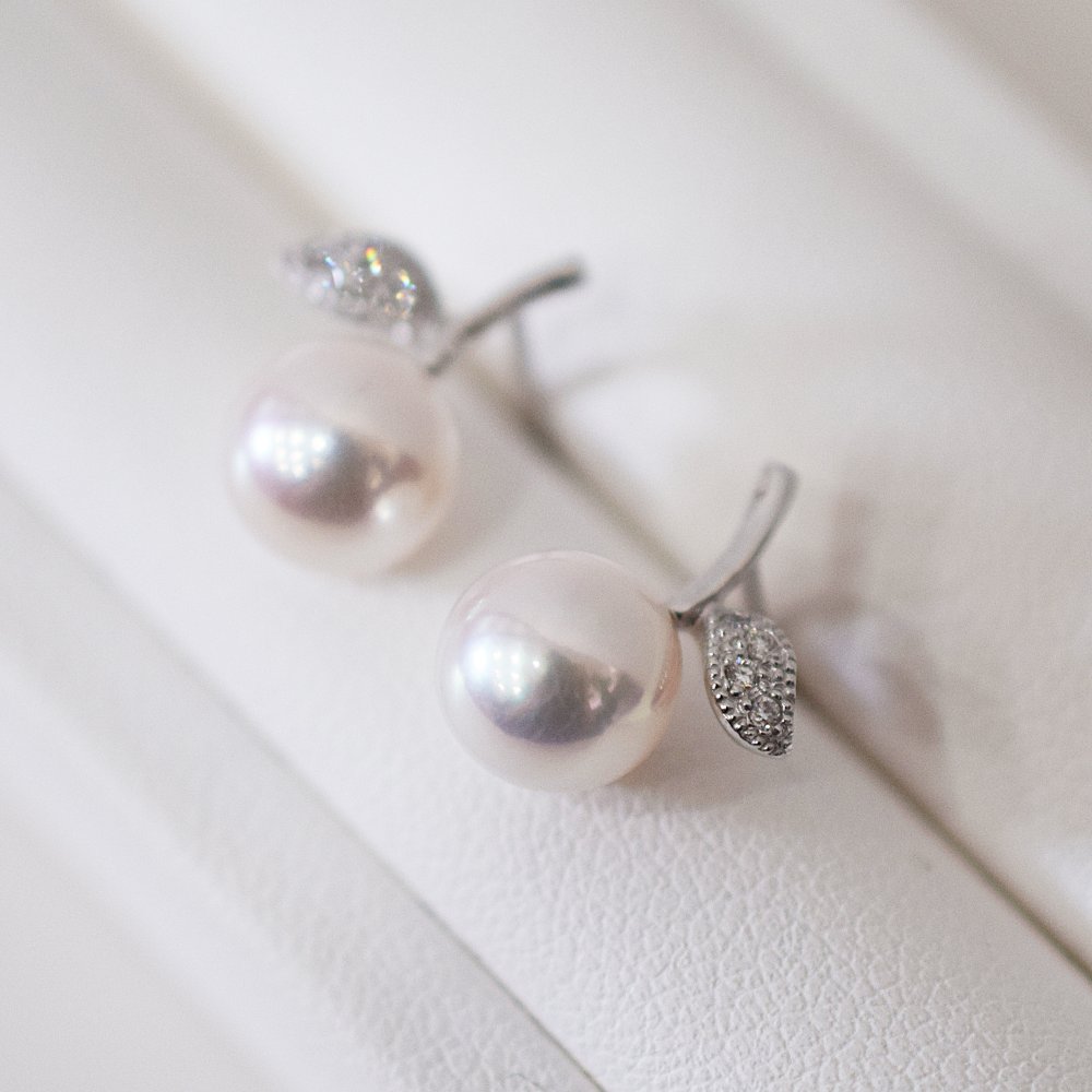 ［pearl553］ 7.5mm -  8mm パール ピアス リンゴ ダイヤ あこや真珠 K18WG 0.02ct ダイヤモンド 珍珠 天草