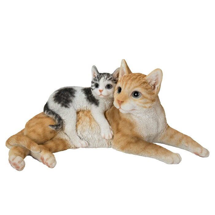 置物 猫 腹ばいの親子猫 茶トラ 子猫 幅32cm woobia ウービア リアル かわいい おしゃれ 玄関 インテリア オブジェ ガーデン 親子 ペア 二匹 ふたご 動物 ネコ 癒し 北欧 リビング プレゼント ギフト 新築祝い 猫好き