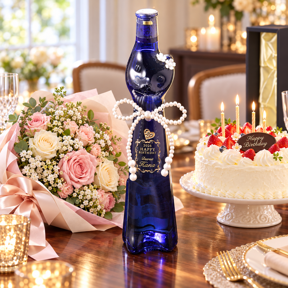 退職 異動 名入れ SXX 白ワイン G.A.シュミット ラインヘッセン リースリング Q.b.A. ブルーネコボトル 500ml デコ仕上げ パールリボン付 布張りBOX入り / プレゼント ギフト 退職 記念 誕生日 長寿 祝い 猫 ねこ ドイツワイン