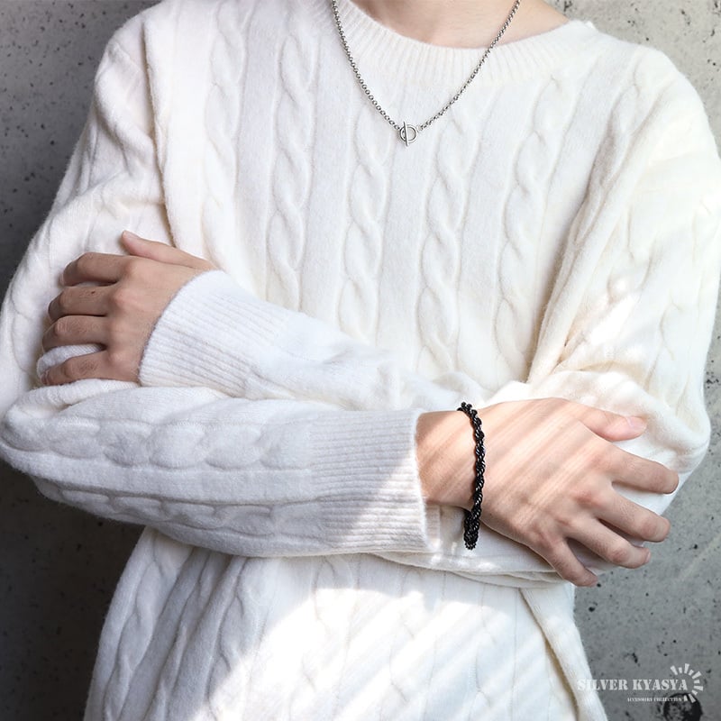 ステンレス ロープチェーンブレスレット 幅6mm ブラック メンズ ボリューム ツイスト 立体感 太め シンプル カジュアル ストリート モード きれいめ おしゃれ かっこいい アクセサリー 手元のポイント 金属アレルギー対応