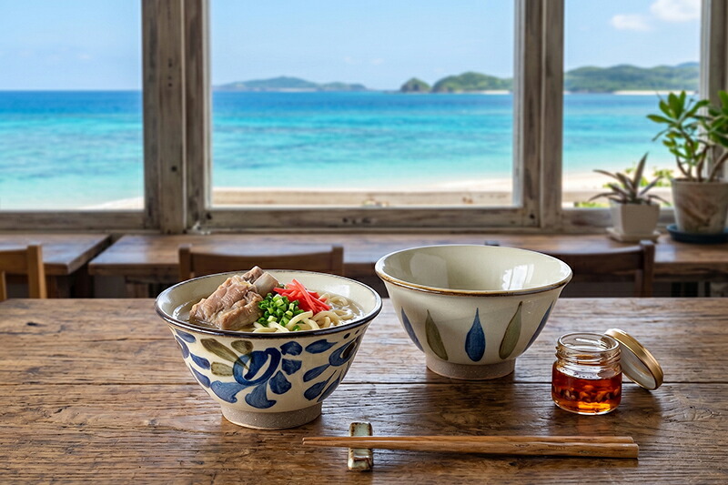 染付4寸マカイ お茶碗 360ml 壺屋焼｜仁王窯 やちむん 沖縄｜ライスボウル 飯碗 ご飯茶碗｜唐草 十草｜夫婦茶碗 ちゃわん ペア｜おしゃれ かわいい｜北欧 韓国 台湾風 カフェ風｜ギフト 新生活 プレゼント｜モダン ナチュラル