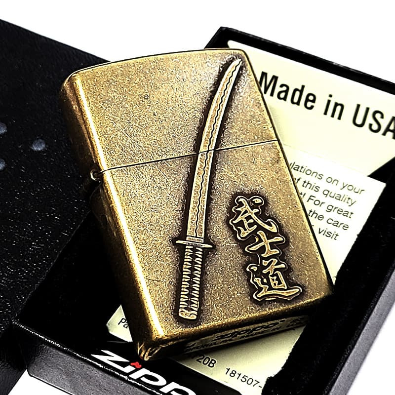 ZIPPO ライター 武士道 真鍮バレル ジッポ 刀 メタルエンブレム 和柄 日本 ブラス おしゃれ アンティーク ゴールド かっこいい メンズ 渋い ギフト プレゼント