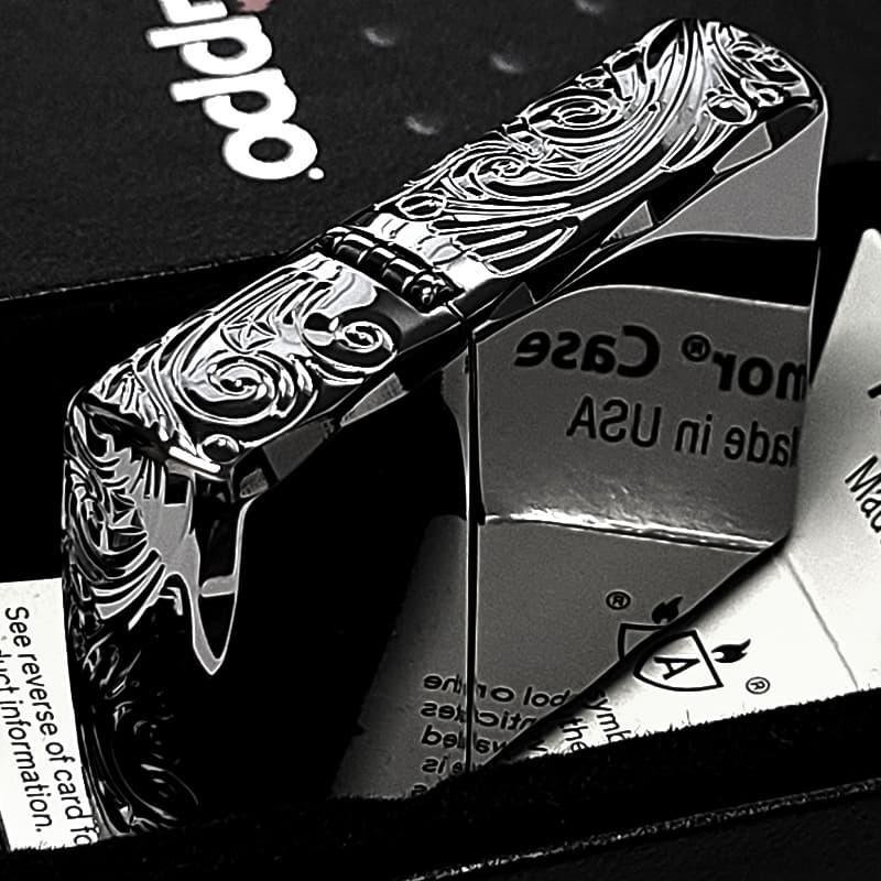 ZIPPO アーマー 三面彫刻 ストリームエングレーブ ブラックニッケルミラー ジッポ ライター 両面加工 シャインレイカット アラベスク 黒 おしゃれ 重厚 高級 メンズ かっこいい ギフト プレゼント
